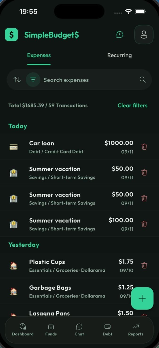 SimpleBudget$ expenses list grouped by day, with search, filters and a bucket label on every entry