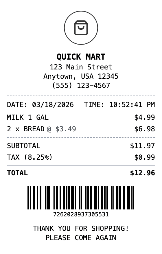 Photo of a convenience-store receipt